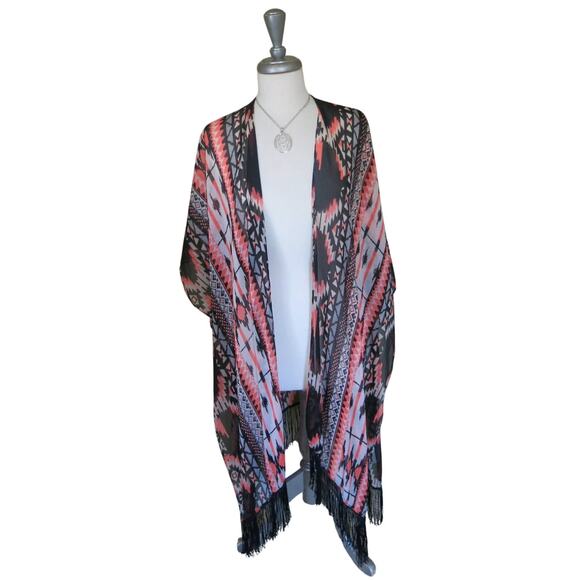 SHAWL SCARF Wrap Around Long Fringe Geometric Polyester Coral/Orange Black - Picture 1 of 8